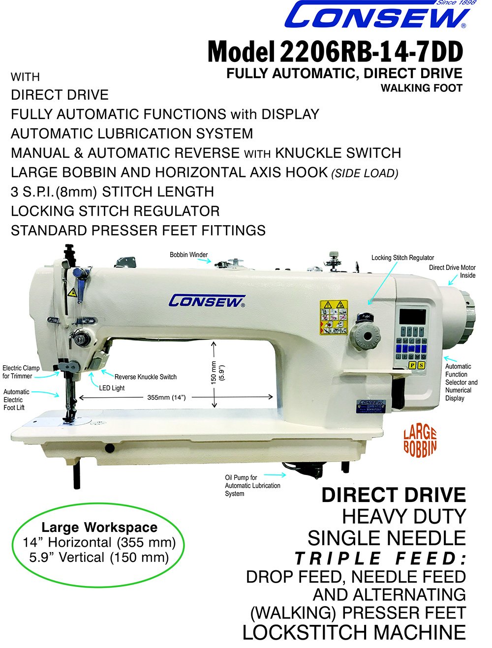 CONSEW 2206RB-14-7DD Direct Drive Walking Foot Sewing Machine