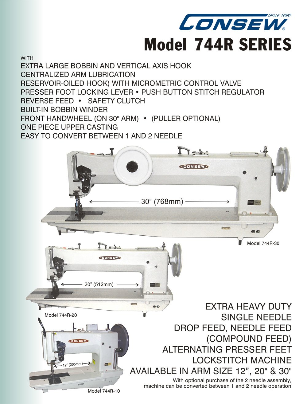 CONSEW 744 Long Arm Single Needle Walking Foot Machine w JUMBO Bobbins