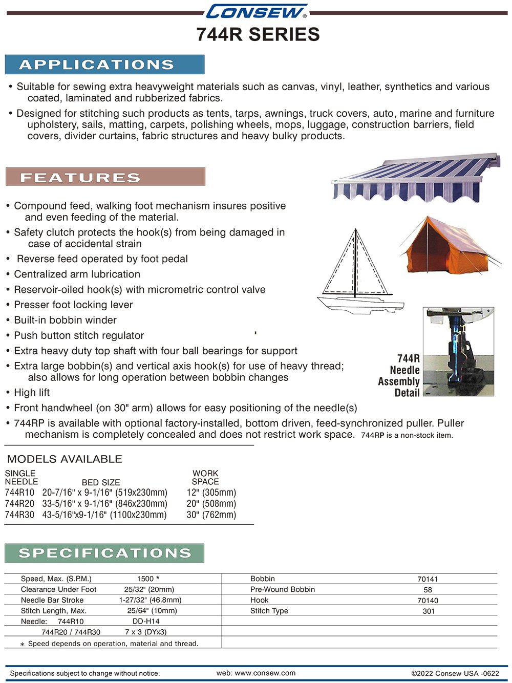 CONSEW 744 Long Arm Single Needle Walking Foot Machine w JUMBO Bobbins