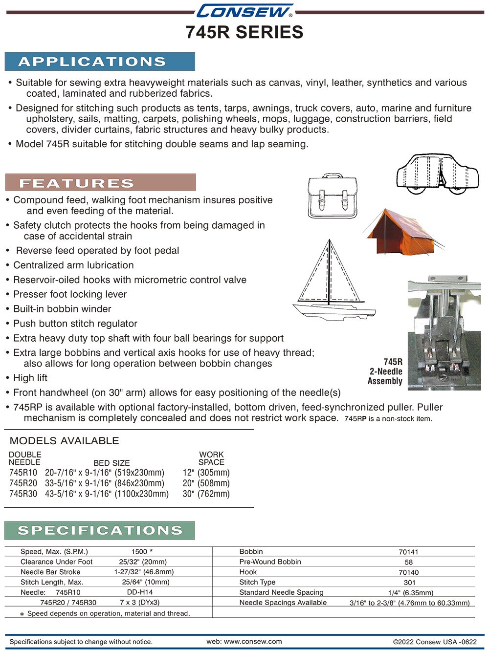 CONSEW 745 Long Arm Double Needle Walking Foot Machine w JUMBO Bobbins