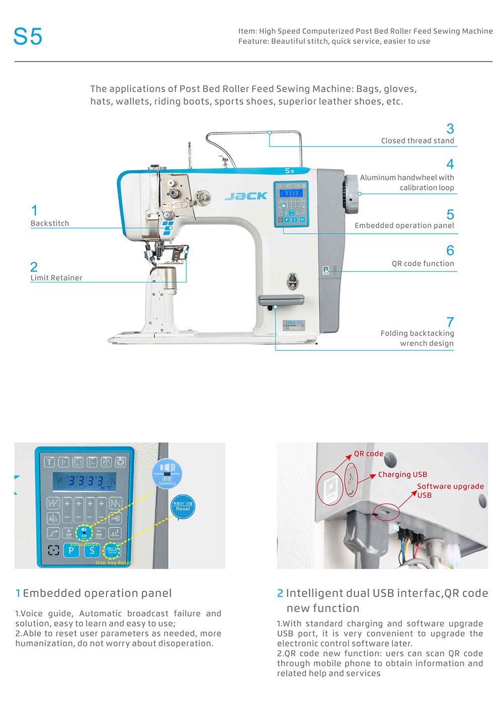 JACK S5-91 Full Automatic Post Bed Sewing Machine with Roller Foot