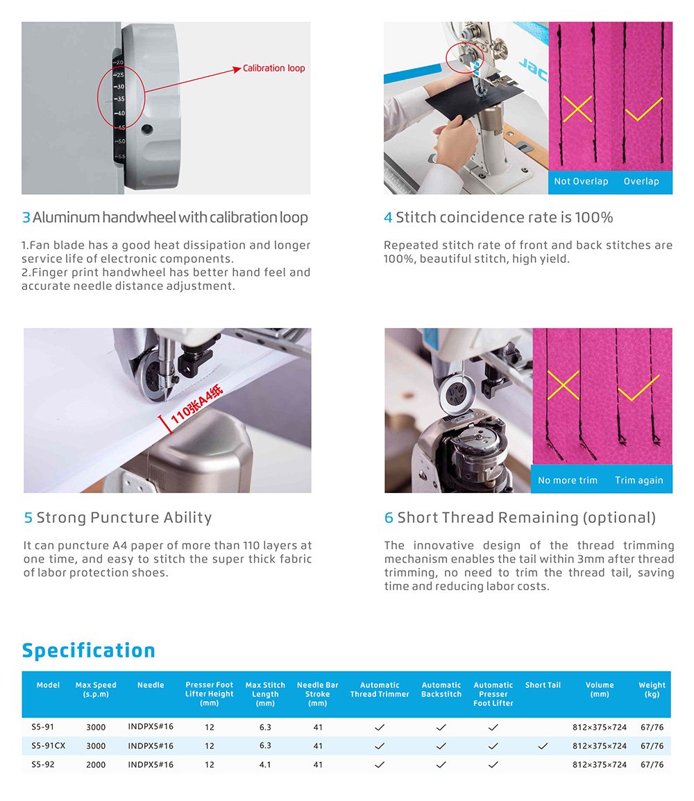 JACK S5-91 Full Automatic Post Bed Sewing Machine with Roller Foot