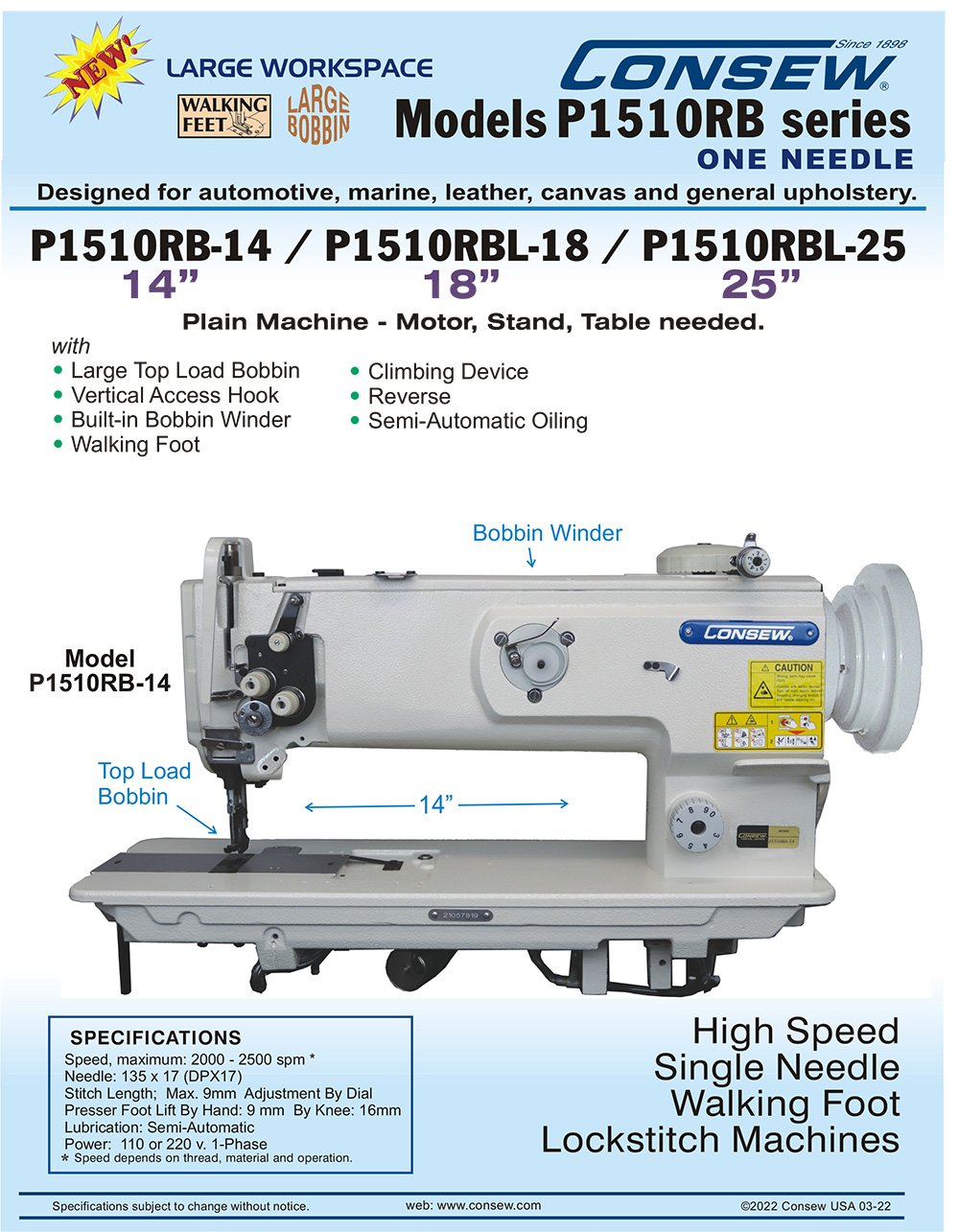 CONSEW P1510RB Long Arm Walking Foot Sewing Machines